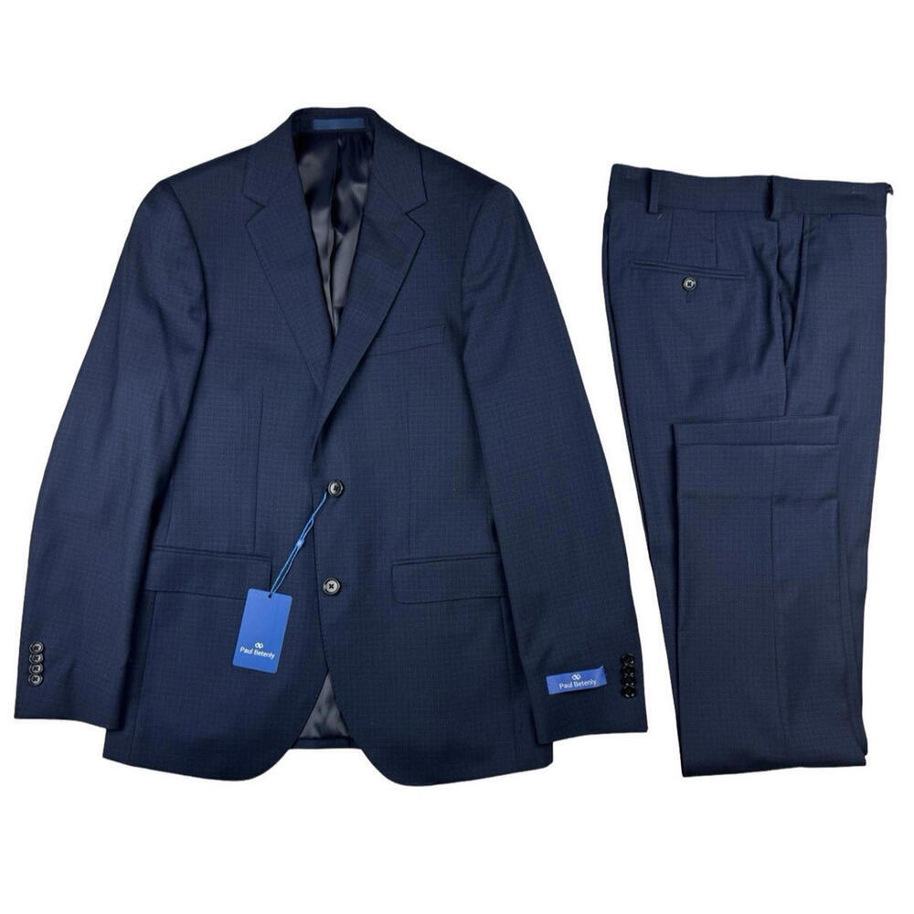 Paul Betenly Slim Fit 2-Piece Suit Wool Blue Check Size US 36 R | 29 W